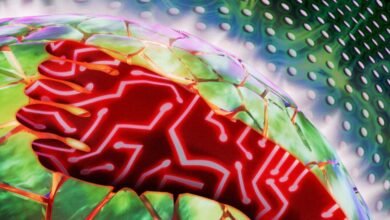Abstract digital art featuring a red hand with circuit patterns on a green, segmented sphere.