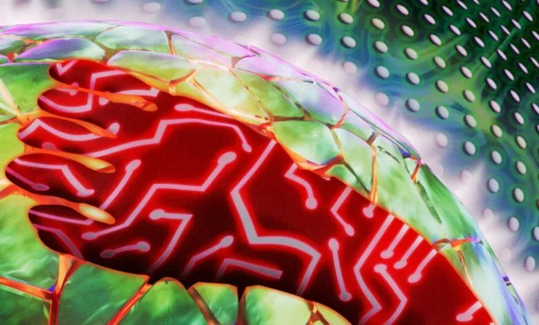 Abstract digital art featuring a red hand with circuit patterns on a green, segmented sphere.