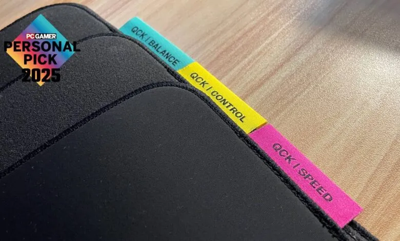 Three SteelSeries QcK mousepads labeled Balance, Control, and Speed.