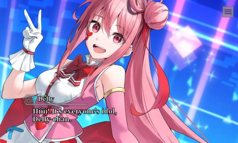 Anime girl Delly-chan with pink hair, heart details, and a peace sign.