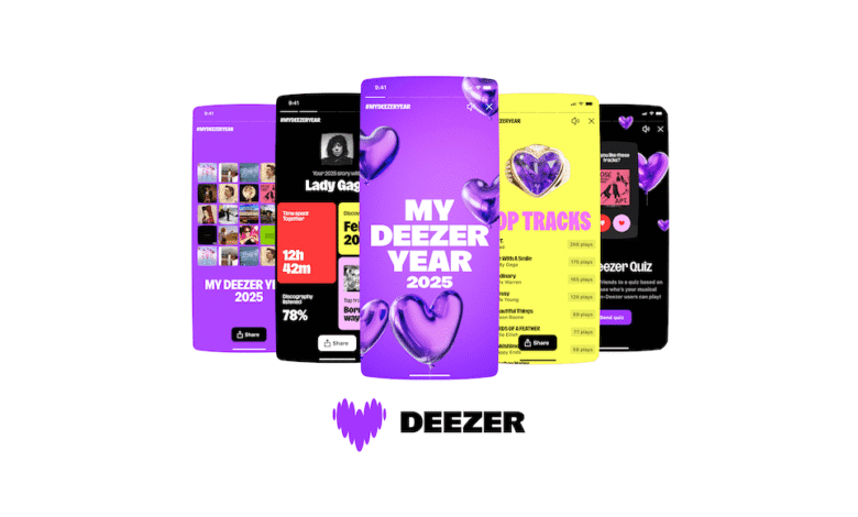Deezer My Year 2025 campaign showcasing personalized music data on phone screens.