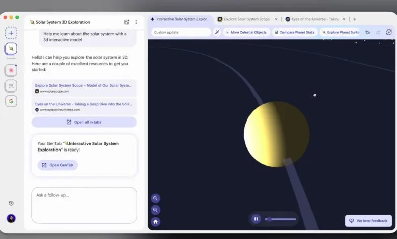 Screenshot of a solar system exploration app with a 3D planet model.