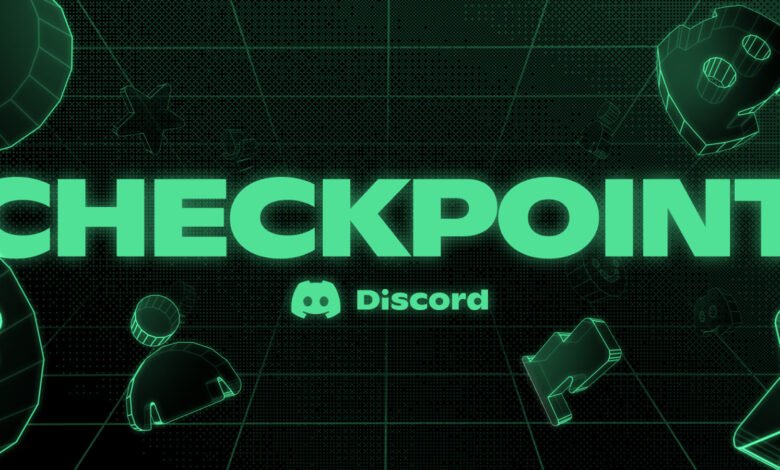Discord Checkpoint graphic with neon green text and 3D shapes.