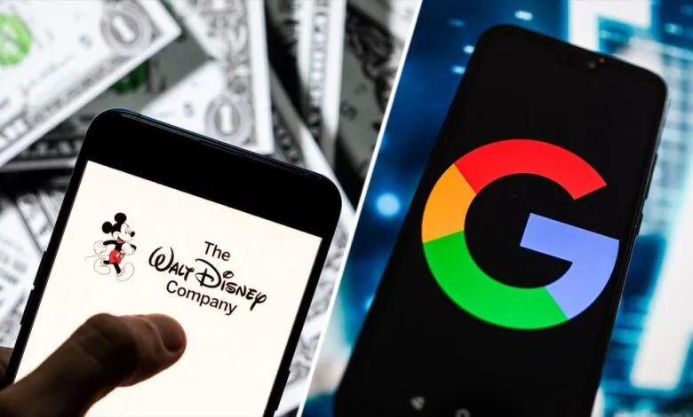 Two phones display Disney and Google logos against a money background.
