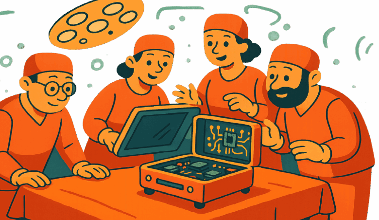 Four doctors in scrubs examine a computer circuit board in a briefcase.