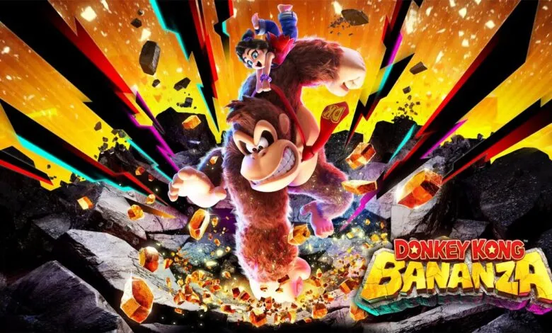 Donkey Kong Bananza game art featuring Donkey Kong and a young girl riding him.