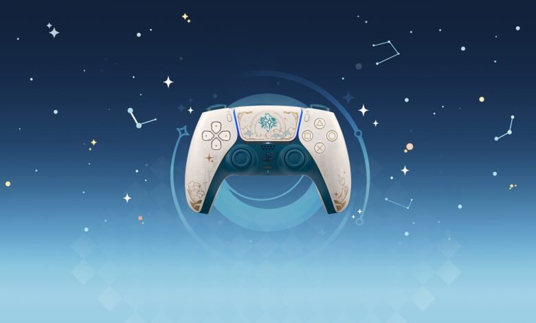 Custom Genshin Impact PlayStation 5 DualSense controller with celestial design.