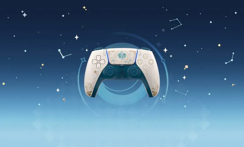 Custom Genshin Impact PlayStation 5 DualSense controller with celestial design.