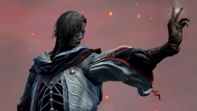 Character in ornate clothing raises hand against a red sky.