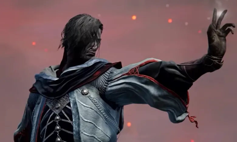 Character in ornate clothing raises hand against a red sky.