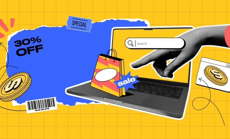 Online shopping graphic with laptop, sale tag, and 30% off promotion.
