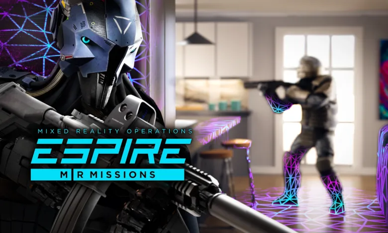 Espire MR Missions game art shows futuristic soldier in mixed reality setting.