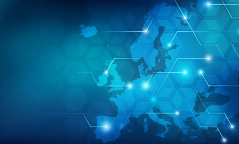 Blue map of Europe with glowing network connections and hexagonal pattern.