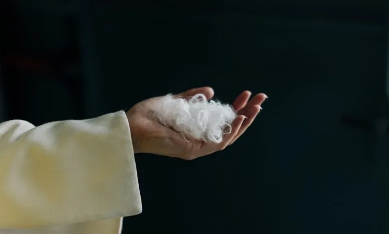 Hand holding a fluffy white cloud of fibers against a dark background.