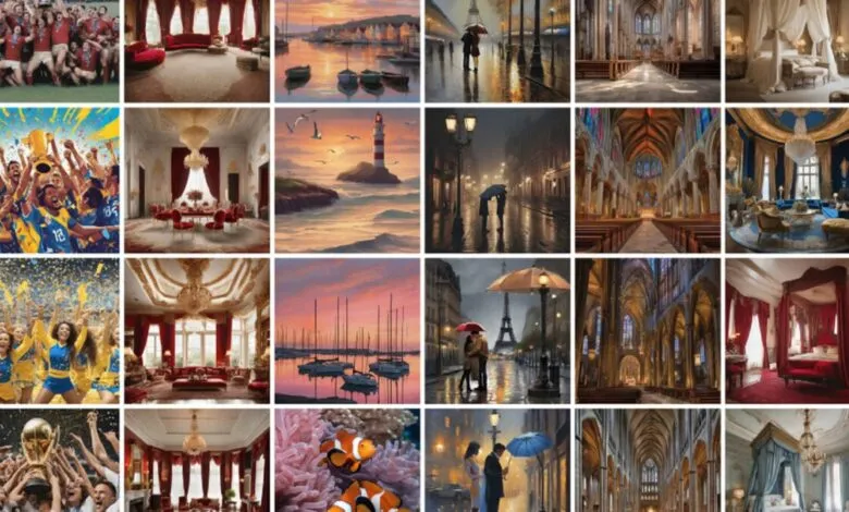Collage of 24 AI-generated images: sports, interiors, landscapes, cityscapes, and marine life.