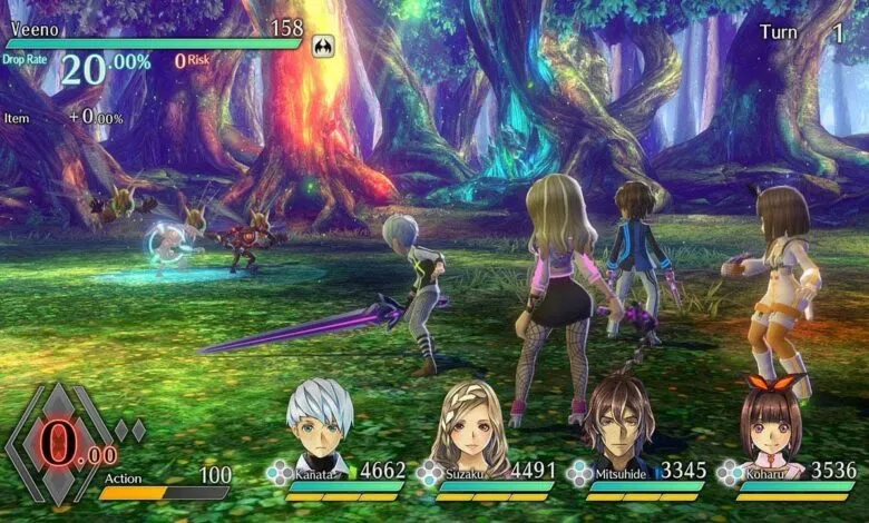 Exist Archive gameplay showing characters in a vibrant forest setting.