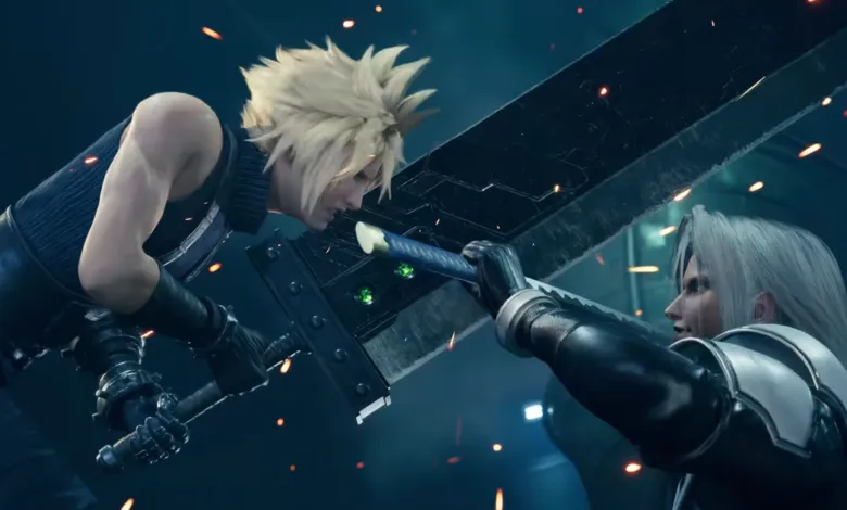 Cloud Strife and Sephiroth face off with swords in Final Fantasy VII.