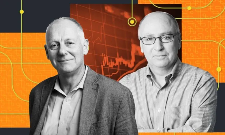 Two men pose against a backdrop of financial charts and circuit board patterns.