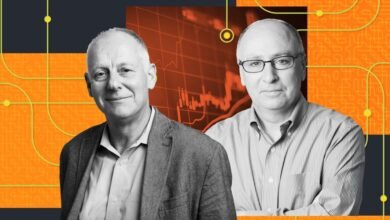 Two men pose against a tech-themed backdrop with financial graph.