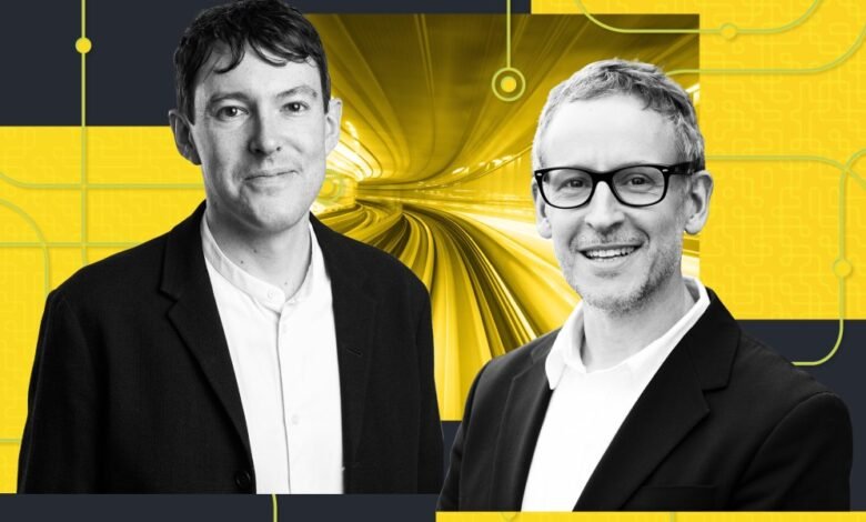 Two men in suits against a tech-themed yellow and black background.