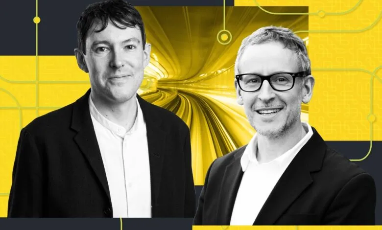 Two men in suits against a tech-themed yellow and black background.