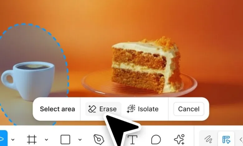 Figma interface showing AI erase tool with coffee cup selected.