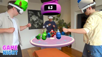 Three people wearing VR headsets playing a virtual reality game.