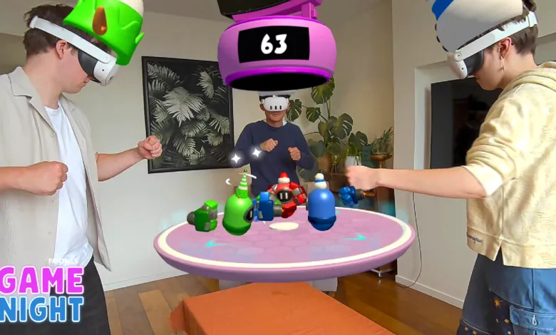 Three people wearing VR headsets playing a virtual reality game.