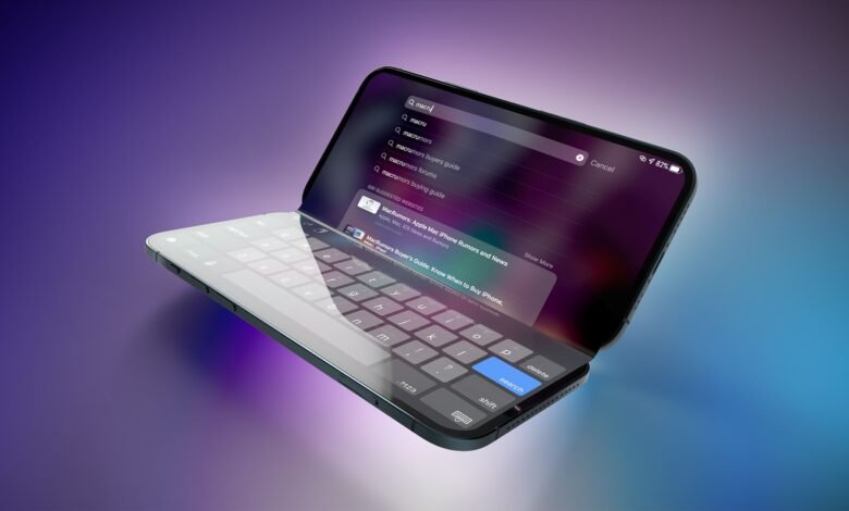 Foldable iPhone concept showing search results for 'macru' on a split screen.