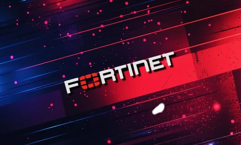 Fortinet logo on abstract background with red and blue accents.