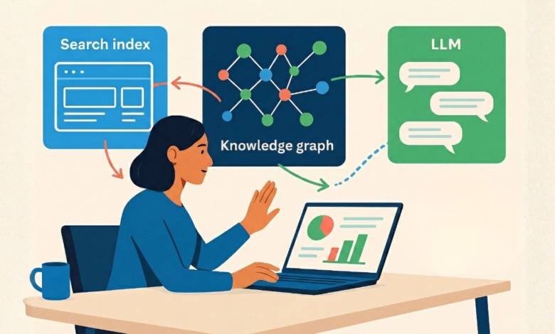 Illustration of woman using laptop with search index, knowledge graph, and LLM icons.