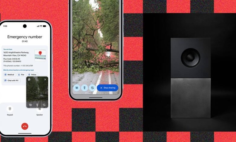 Android phone displays emergency features: live video sharing, location, and emergency contacts.