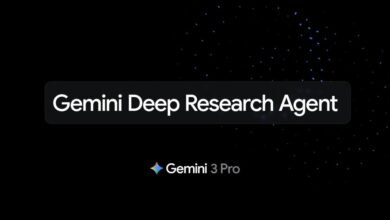 Gemini Deep Research Agent text on a black background with blue star-like dots.
