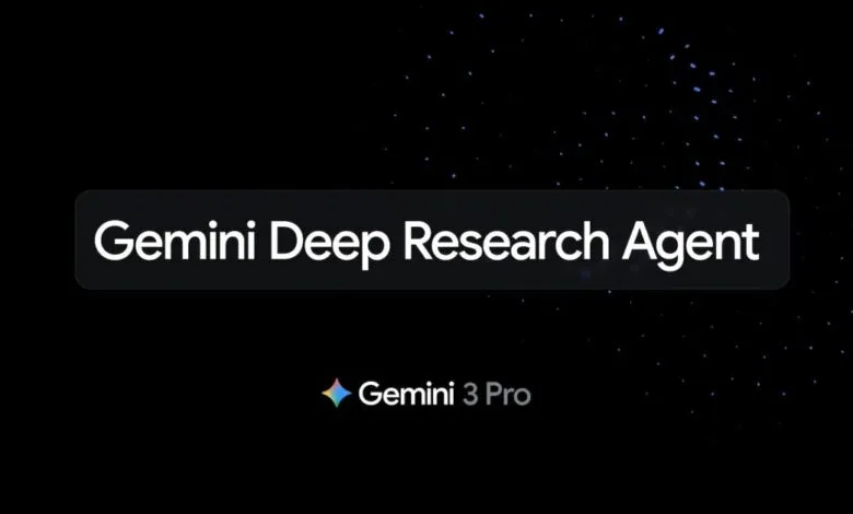 Gemini Deep Research Agent text on a black background with blue star-like dots.