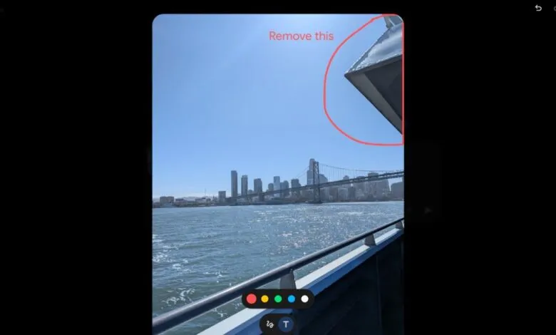 View of San Francisco skyline and Bay Bridge from a boat, with editing tools visible.