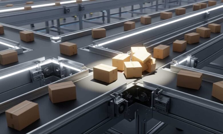 Cardboard boxes on conveyor belts, some piled up, suggesting a bottleneck.