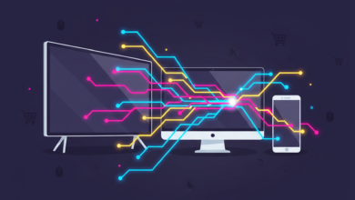 Digital devices (TV, computer, phone) connected by colorful lines on dark background.