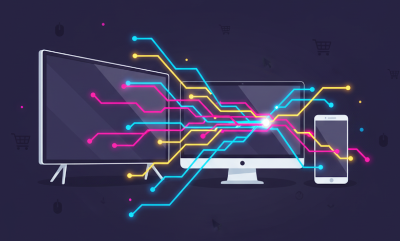 Digital devices (TV, computer, phone) connected by colorful lines on dark background.