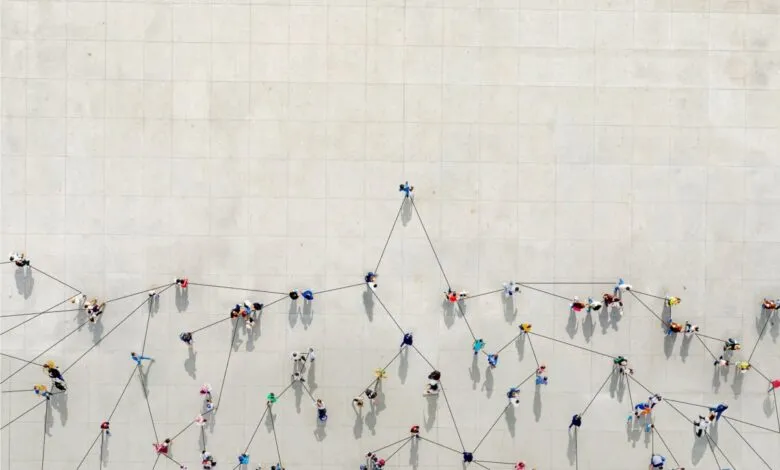 Aerial view of people connected by lines on a concrete surface.