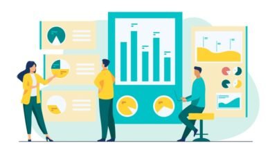 Three people analyze data charts and graphs in a modern office setting.