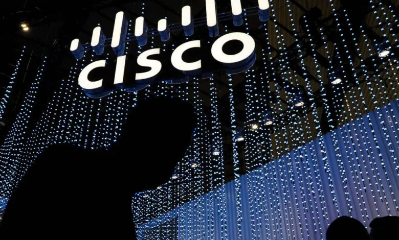 Cisco logo illuminated at Mobile World Congress with light strands.