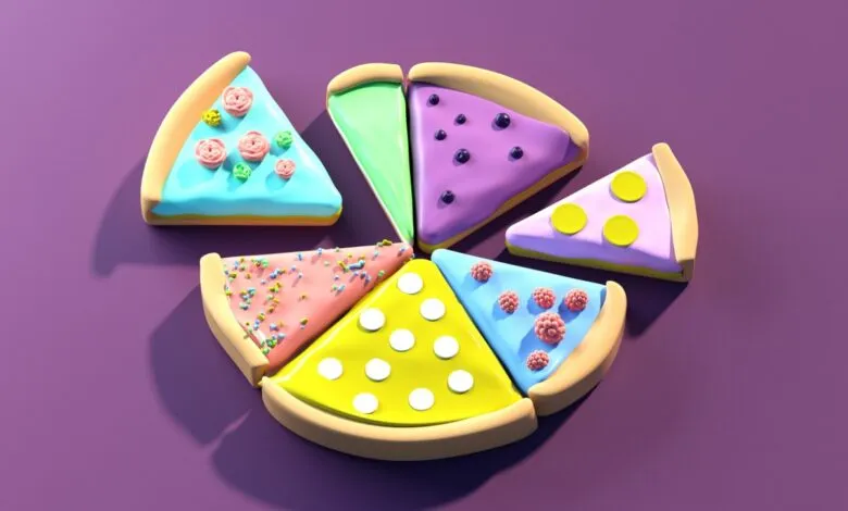 Colorful pizza slices arranged in a circle on a purple background.
