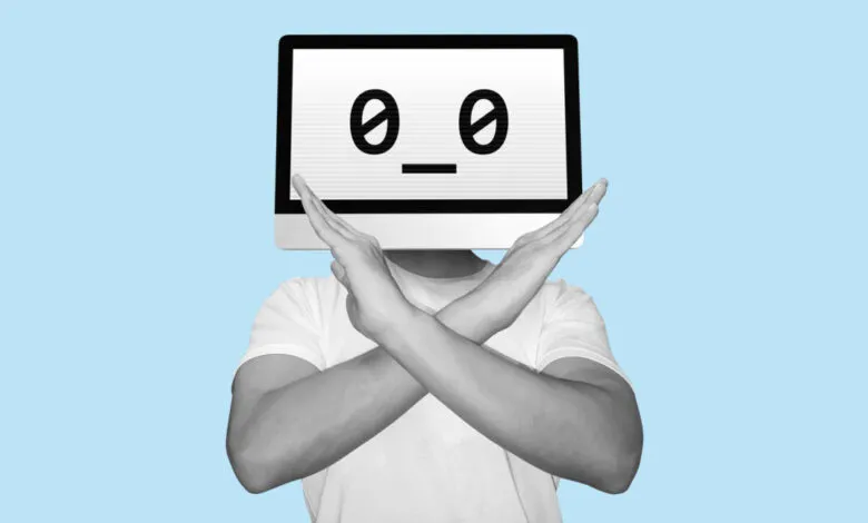 Person with monitor head crosses arms in a 'no' gesture.