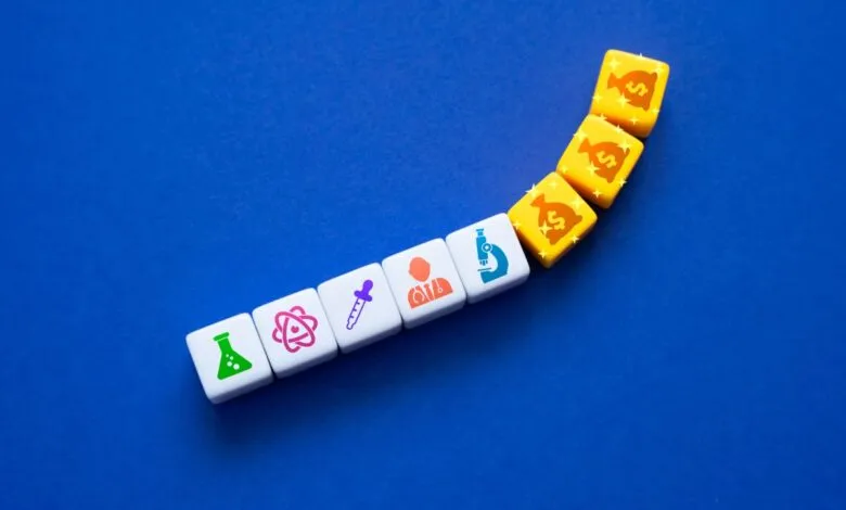 Dice with science and money icons arranged in an upward trend.
