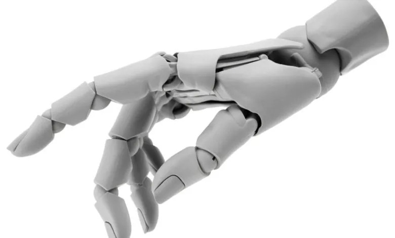 Articulated gray robot hand with visible joints against a white background.
