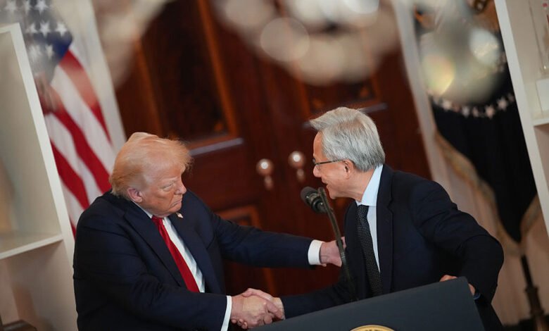 Donald Trump shakes hands with Nvidia CEO Jensen Huang at White House.