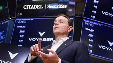 Dylan Taylor speaks at Voyager Technologies IPO on NYSE floor.