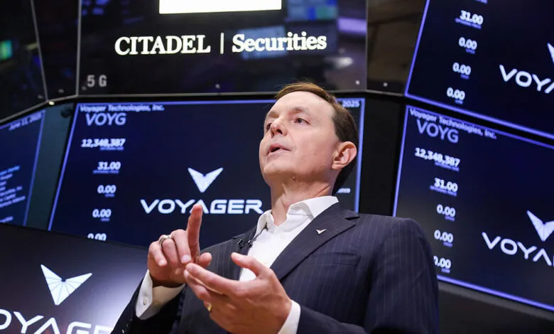 Dylan Taylor speaks at Voyager Technologies IPO on NYSE floor.