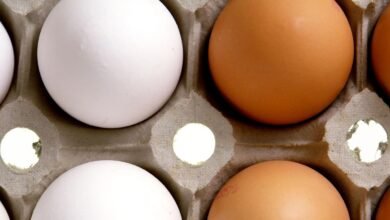 Close-up of white and brown eggs in a cardboard carton.