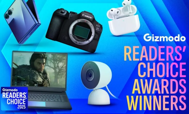 Gizmodo Readers' Choice Awards 2025 graphic featuring various tech products.